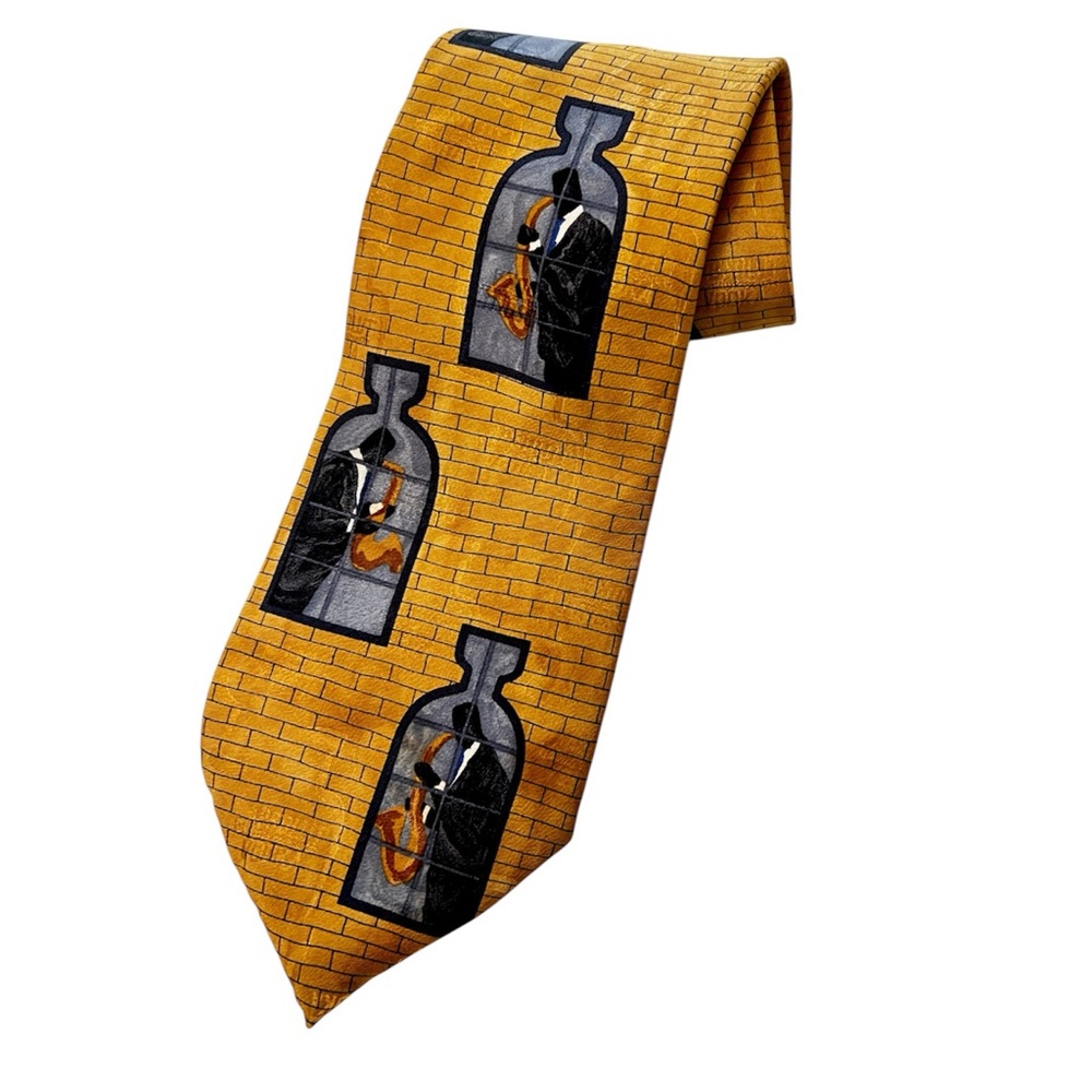 Absolut Vodka Tie by Je Suis 100% Silk Bottle Shape Saxophone Yellow Brick